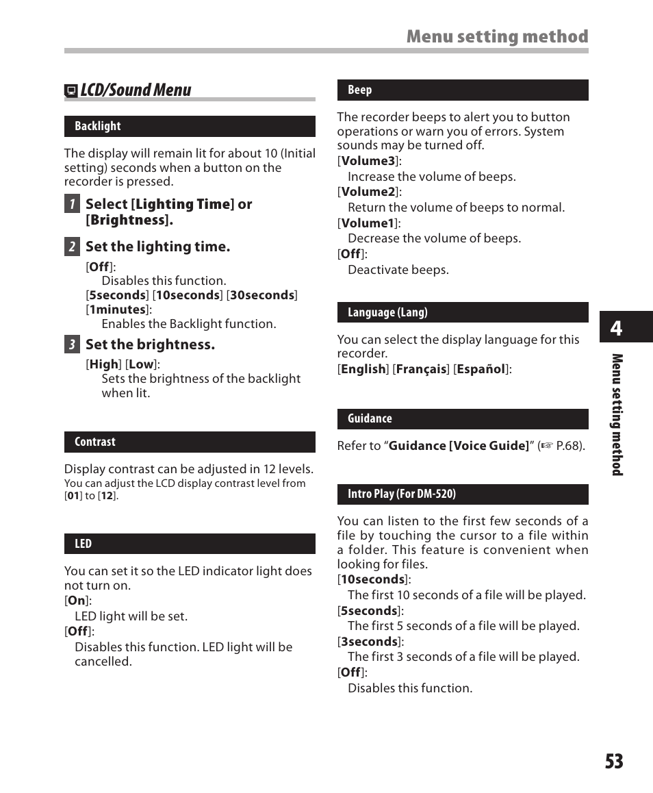 Lcd/sound menu, Menu setting method . lcd/sound menu | Olympus DM-420 User Manual | Page 53 / 128