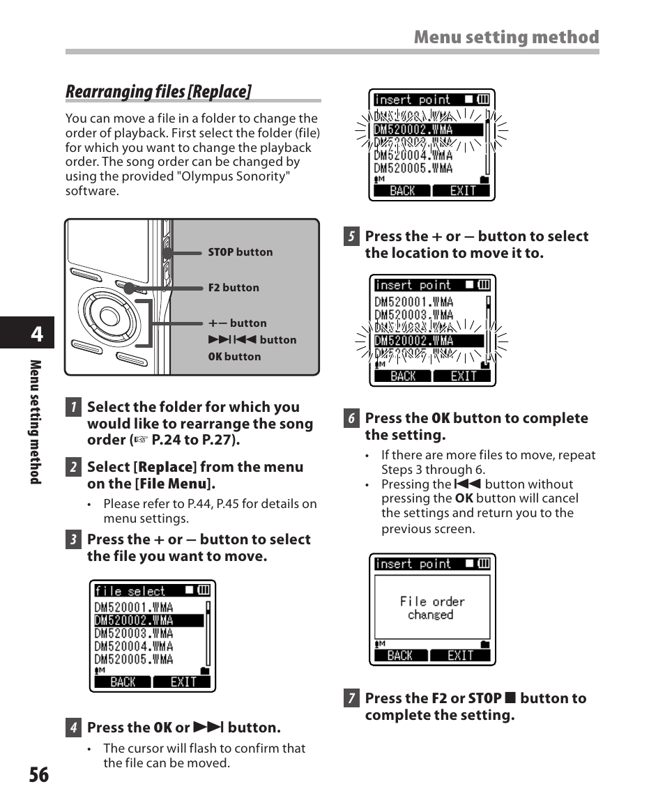 Rearranging files [replace, Menu setting method | Olympus DM-420 User Manual | Page 56 / 128