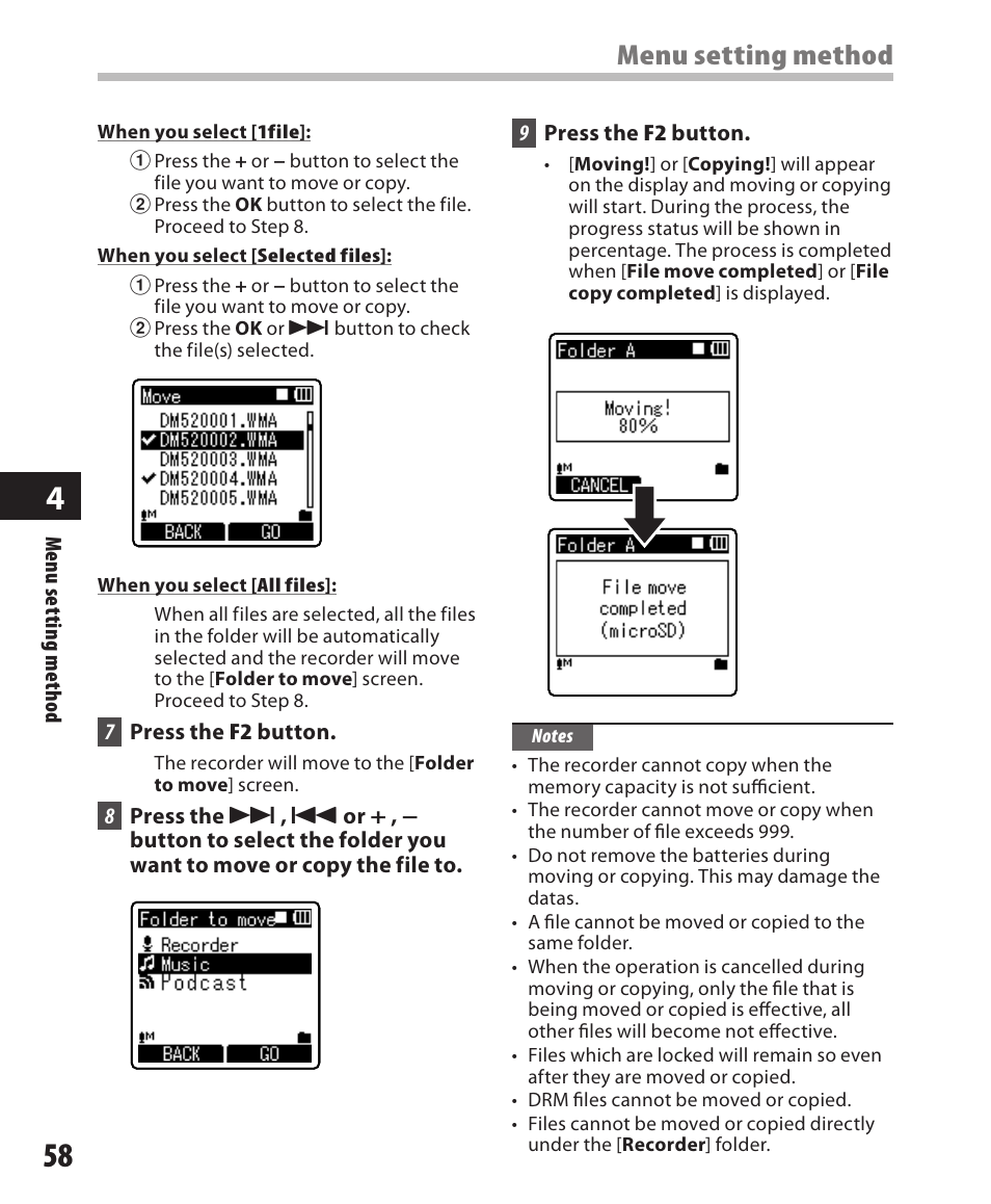 Menu setting method | Olympus DM-420 User Manual | Page 58 / 128