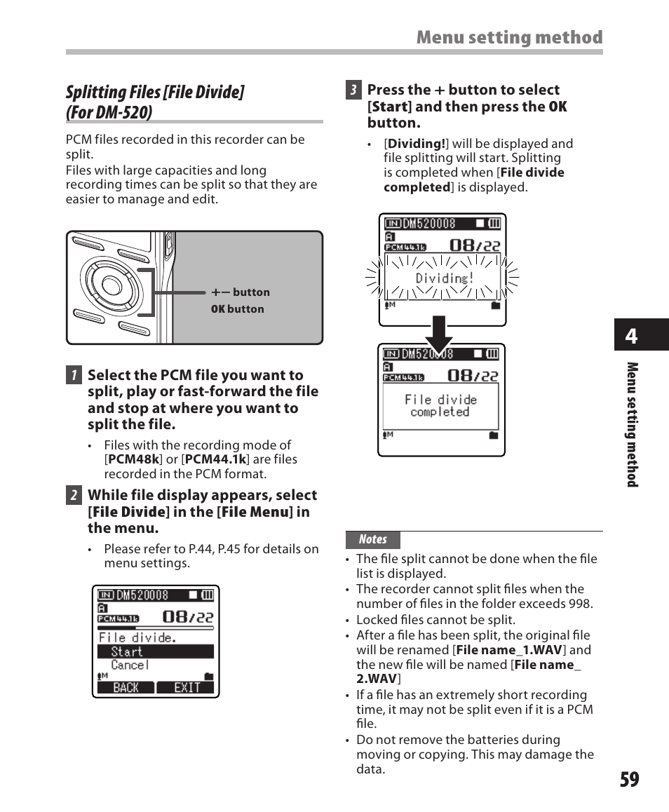 Splitting files [file divide] (for dm-520), Menu setting method | Olympus DM-420 User Manual | Page 59 / 128