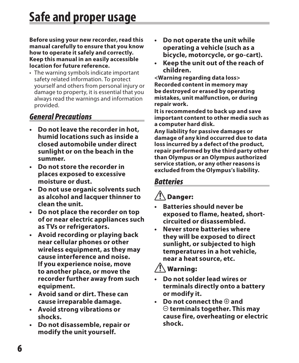 Safe and proper usage, General precautions, Batteries | Olympus DM-420 User Manual | Page 6 / 128