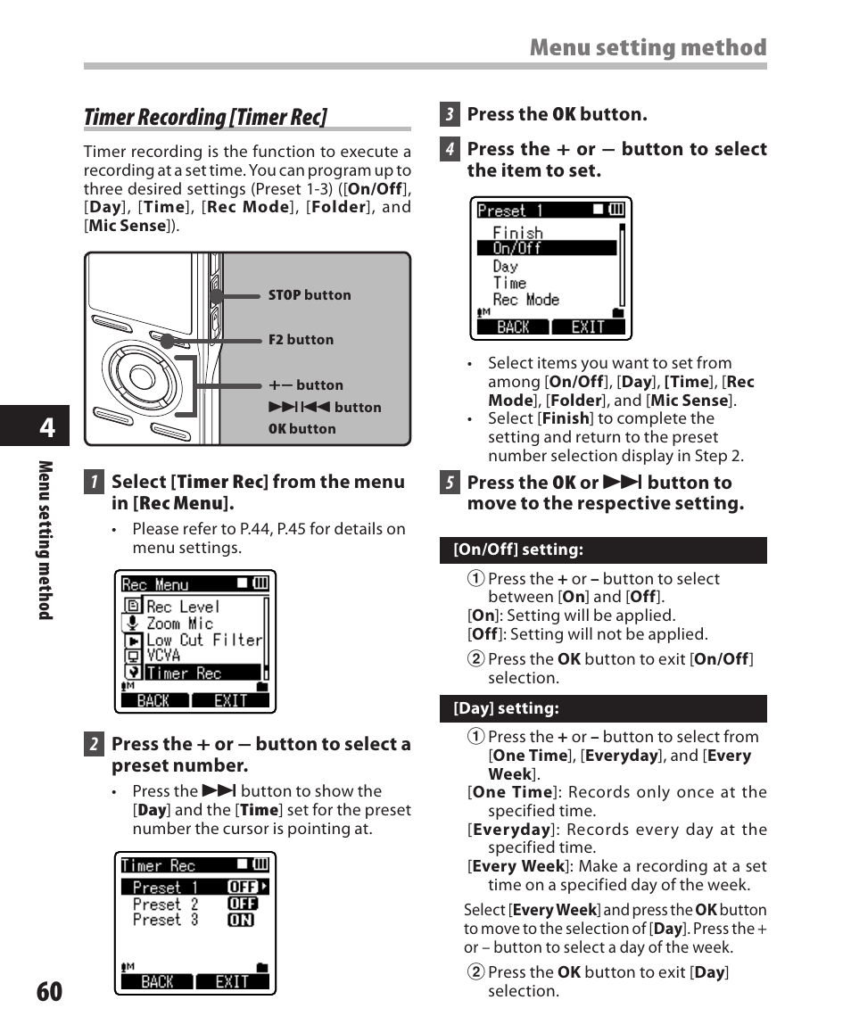Timer recording [timer rec, Menu setting method | Olympus DM-420 User Manual | Page 60 / 128