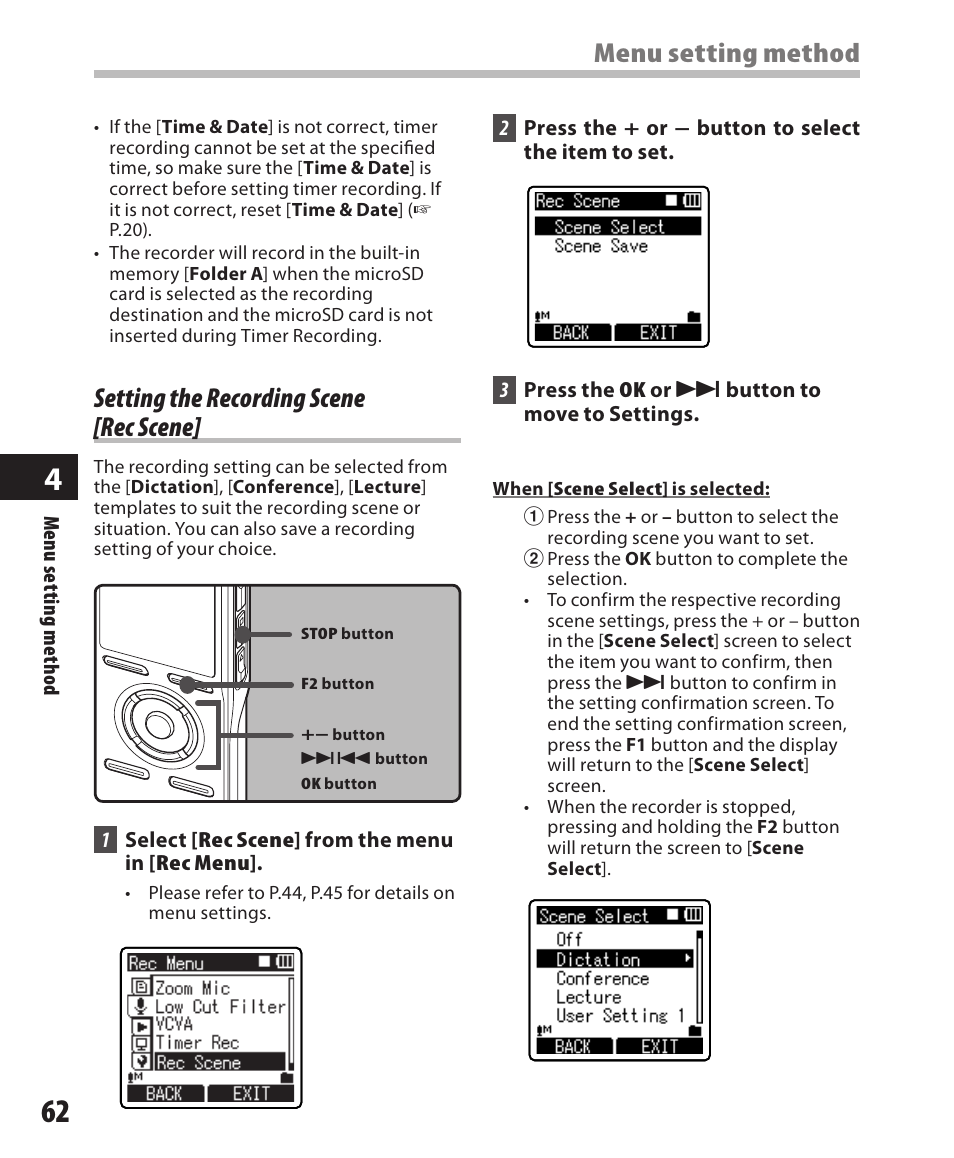 Setting the recording scene [rec scene, Menu setting method | Olympus DM-420 User Manual | Page 62 / 128