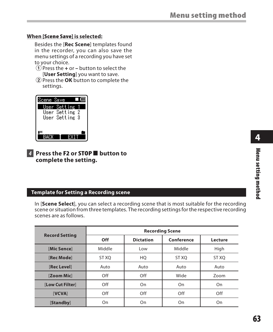 Menu setting method, Men u s et tin g m et ho d | Olympus DM-420 User Manual | Page 63 / 128