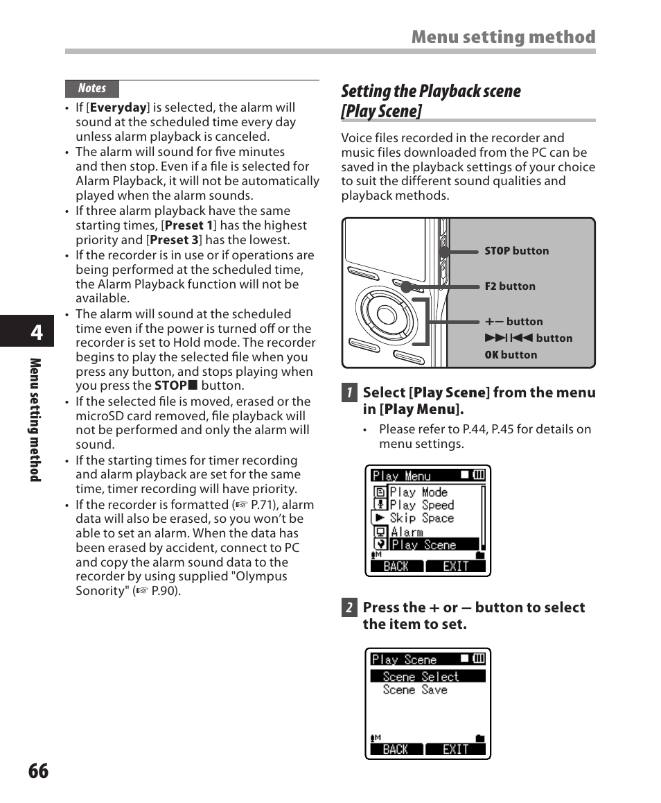 Setting the playback scene [play scene, Menu setting method | Olympus DM-420 User Manual | Page 66 / 128