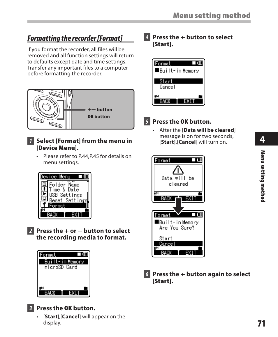 Formatting the recorder [format, Menu setting method | Olympus DM-420 User Manual | Page 71 / 128