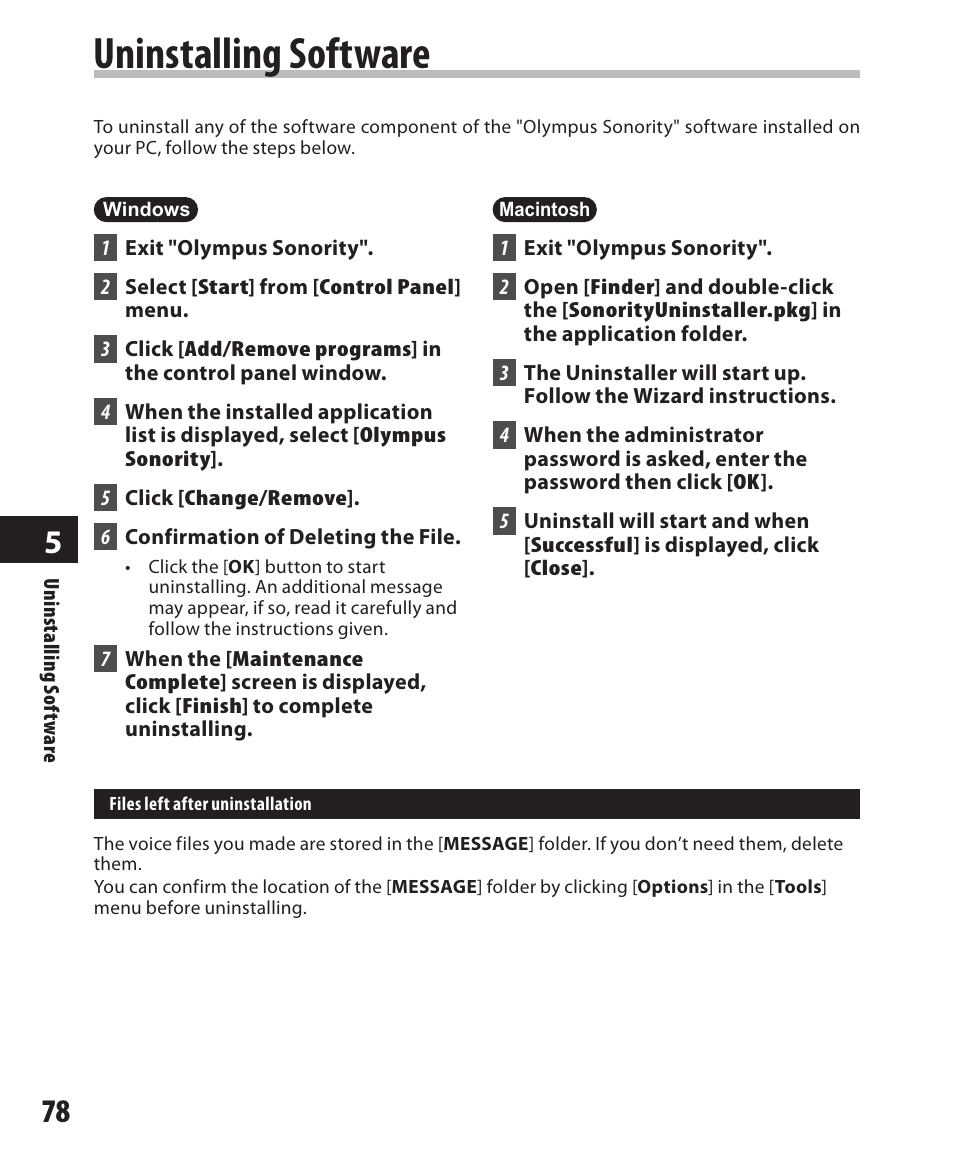 Uninstalling software | Olympus DM-420 User Manual | Page 78 / 128