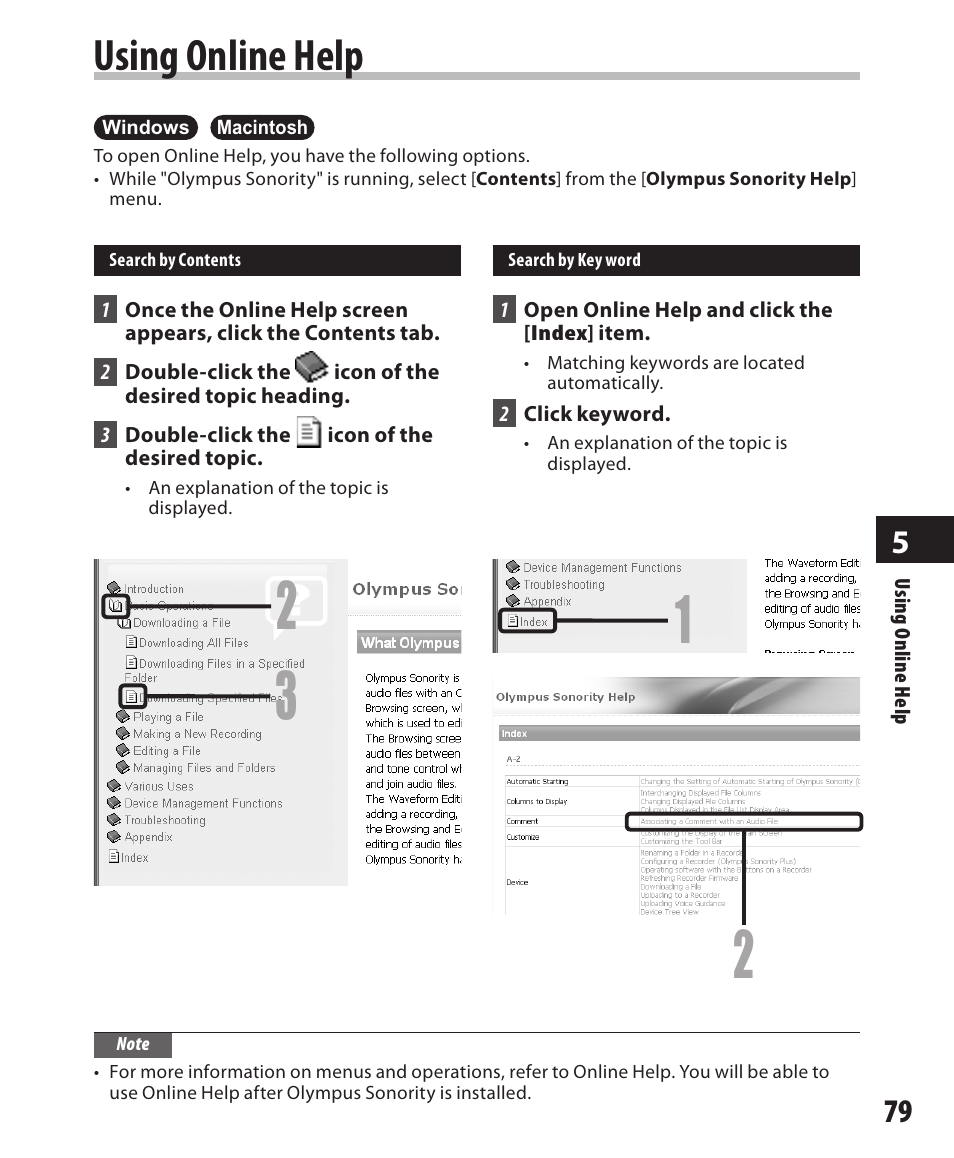 Using online help | Olympus DM-420 User Manual | Page 79 / 128