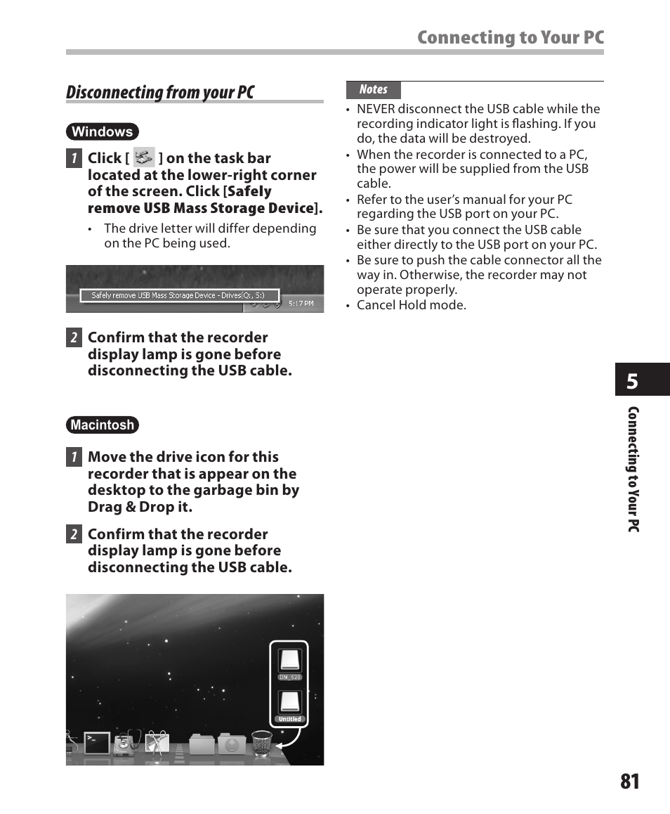 Disconnecting from your pc, Connecting to your pc disconnecting from your pc | Olympus DM-420 User Manual | Page 81 / 128