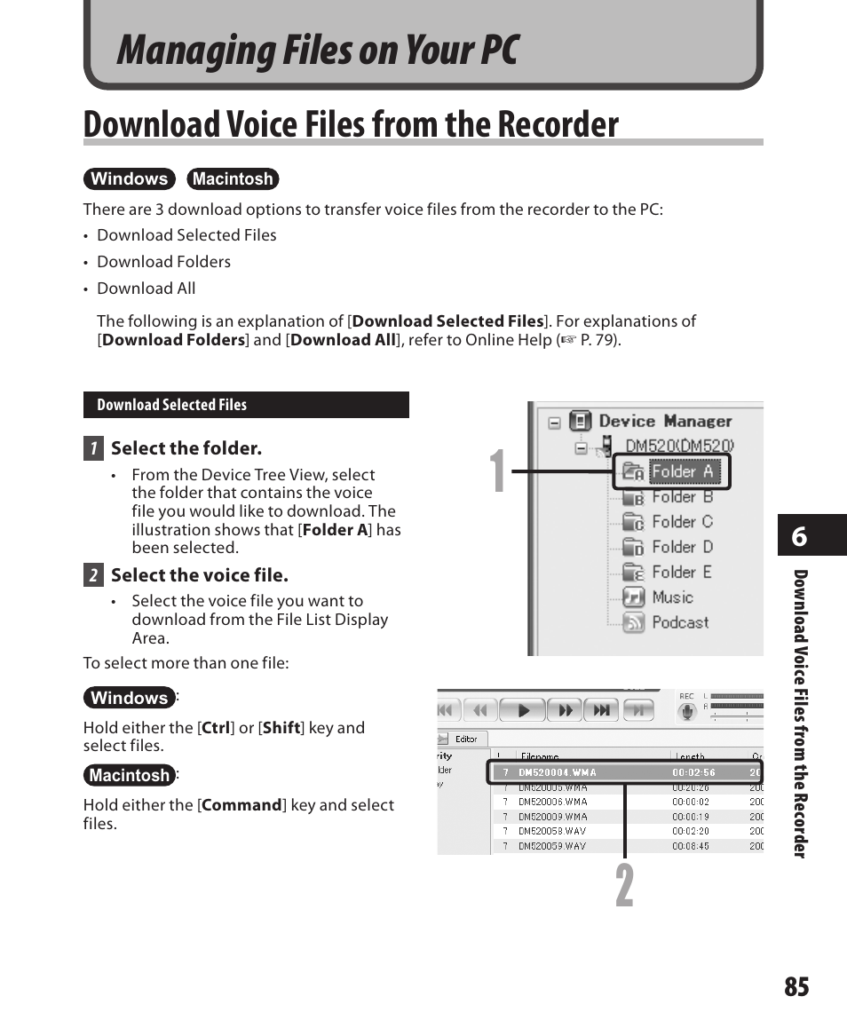 Managing files on your pc, Download voice files from the recorder | Olympus DM-420 User Manual | Page 85 / 128