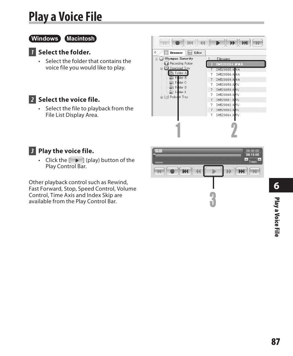 Play a voice file | Olympus DM-420 User Manual | Page 87 / 128
