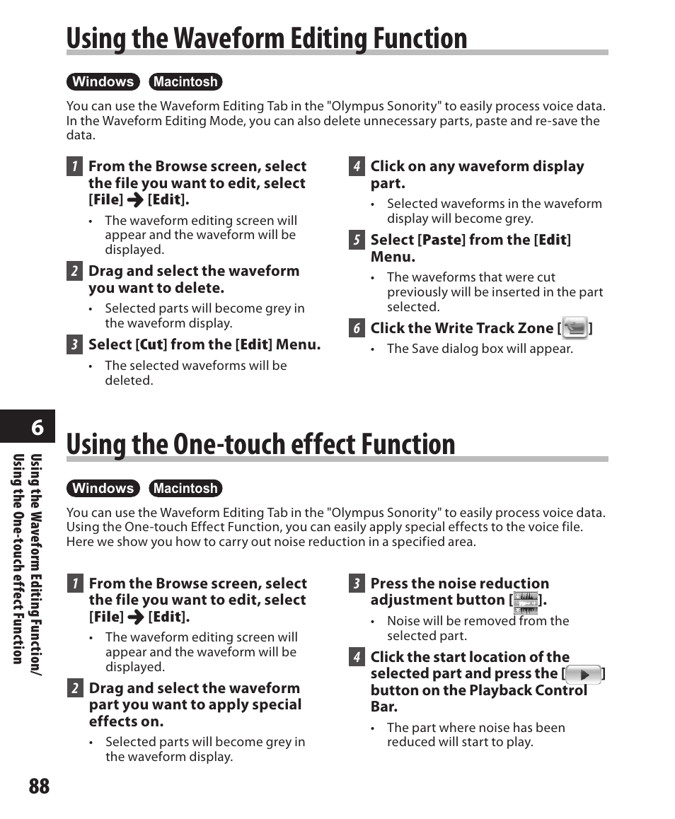 Using the waveform editing function, Using the one-touch effect function | Olympus DM-420 User Manual | Page 88 / 128