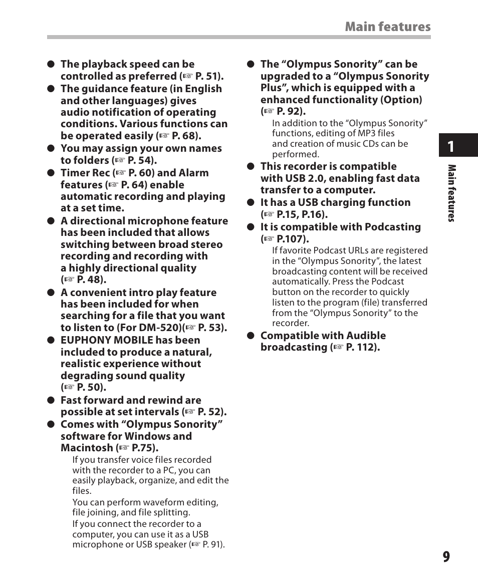 Main features | Olympus DM-420 User Manual | Page 9 / 128