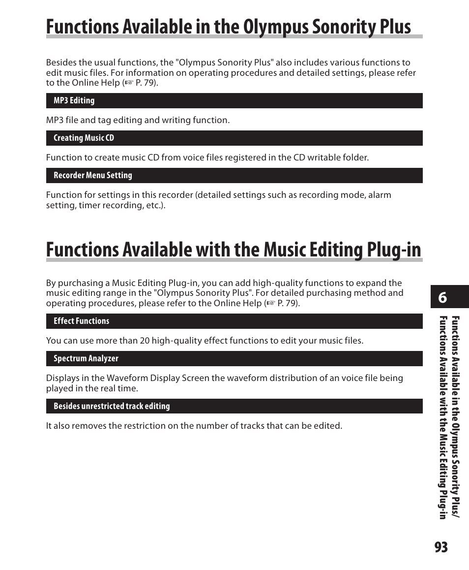 Functions available in, The olympus sonority plus, Functions available with the | Music editing plug-in, Functions available in the olympus sonority plus, Functions available with the music editing plug-in | Olympus DM-420 User Manual | Page 93 / 128