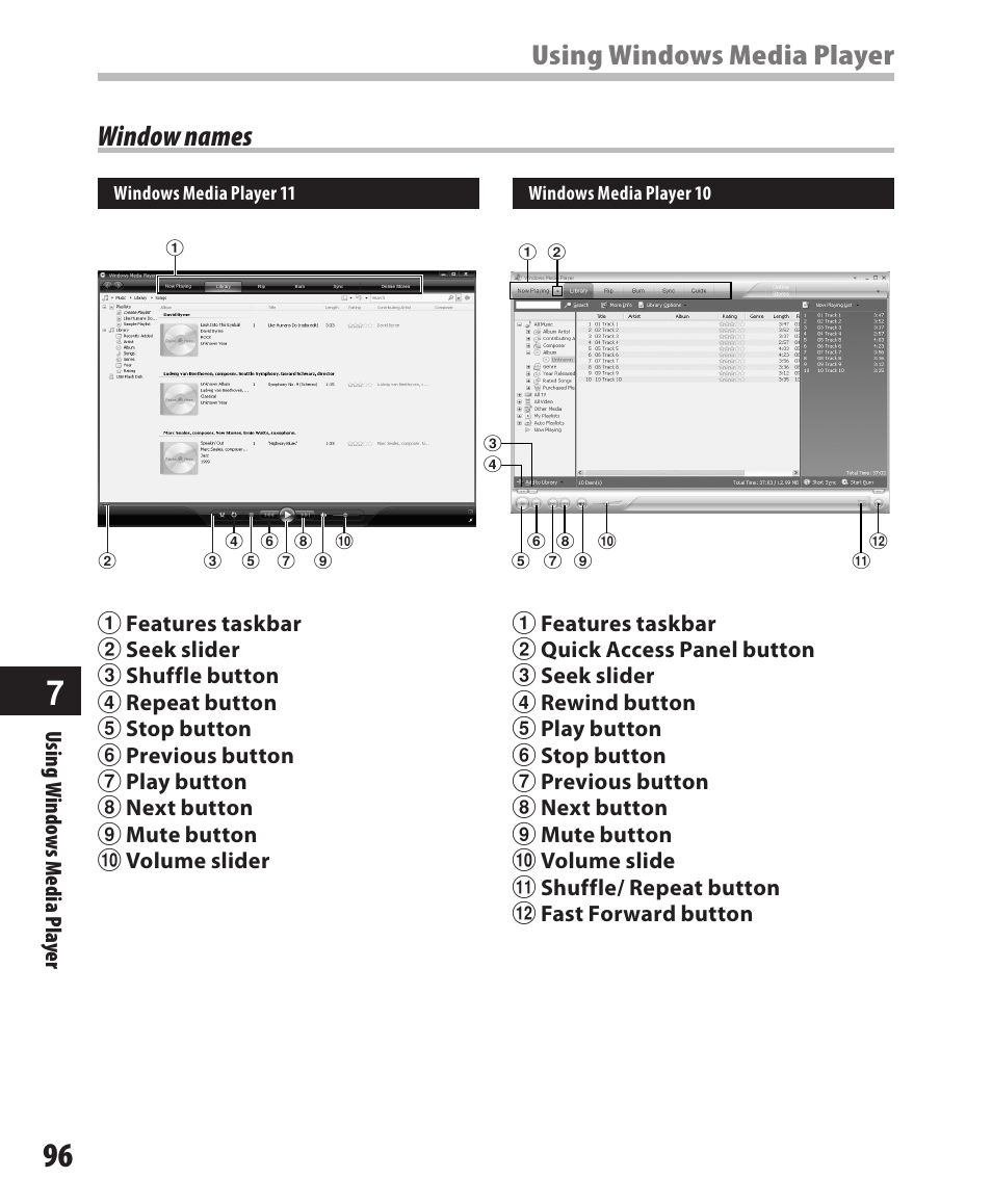 Window names, Using windows media player | Olympus DM-420 User Manual | Page 96 / 128