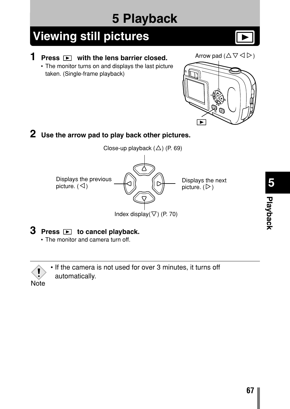 5 playback, Viewing still pictures, Playback | P. 67 | Olympus C-150 EN User Manual | Page 104 / 216