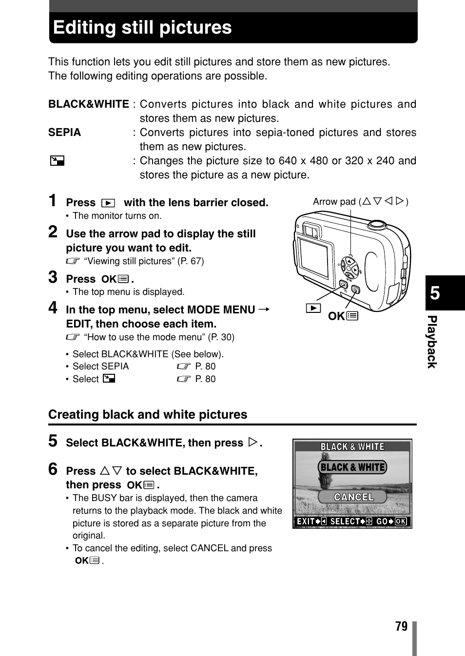 Editing still pictures, Creating black and white pictures | Olympus C-150 EN User Manual | Page 116 / 216