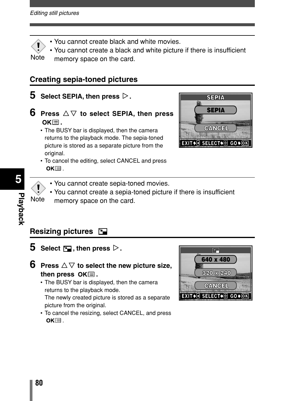 Creating sepia-toned pictures, Resizing pictures | Olympus C-150 EN User Manual | Page 117 / 216