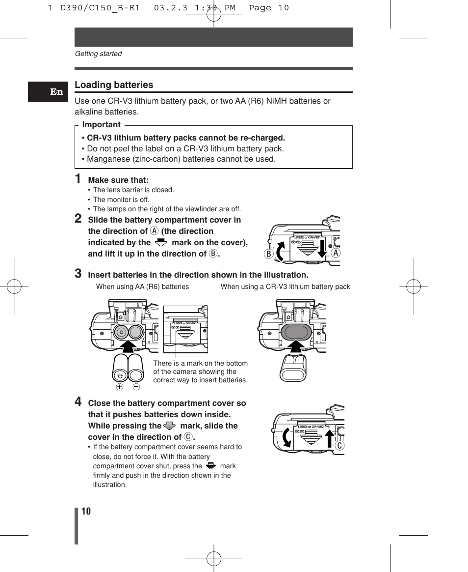 Loading batteries | Olympus C-150 EN User Manual | Page 12 / 216