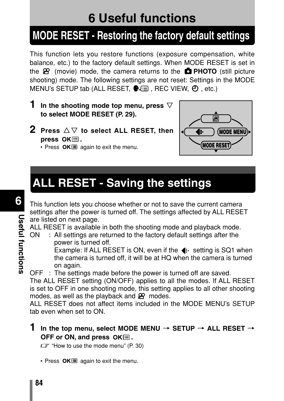 6 useful functions, All reset - saving the settings, Useful functions | P. 84 | Olympus C-150 EN User Manual | Page 121 / 216