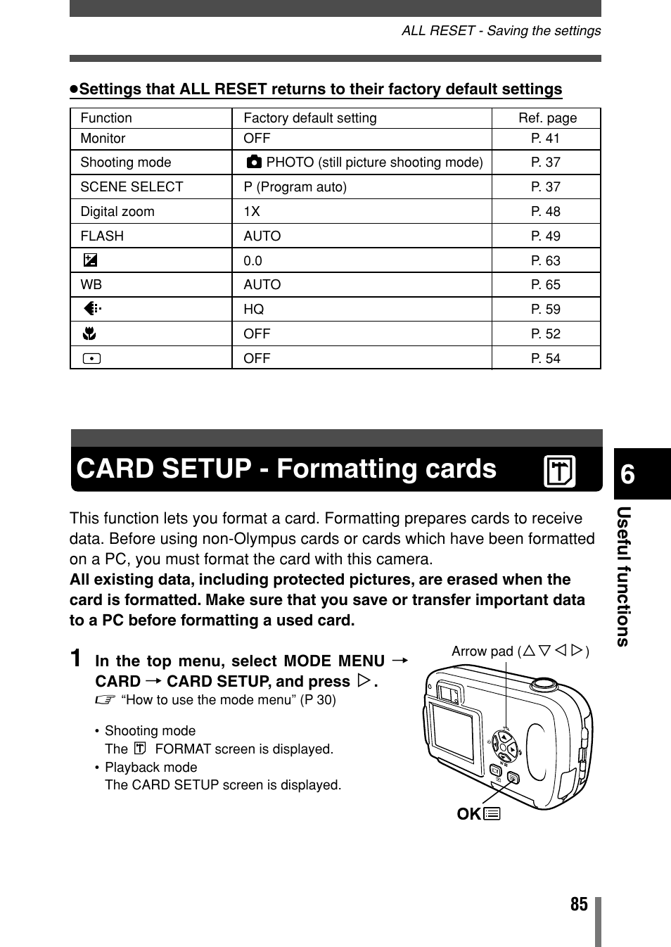 Card setup - formatting cards, Useful functions | Olympus C-150 EN User Manual | Page 122 / 216