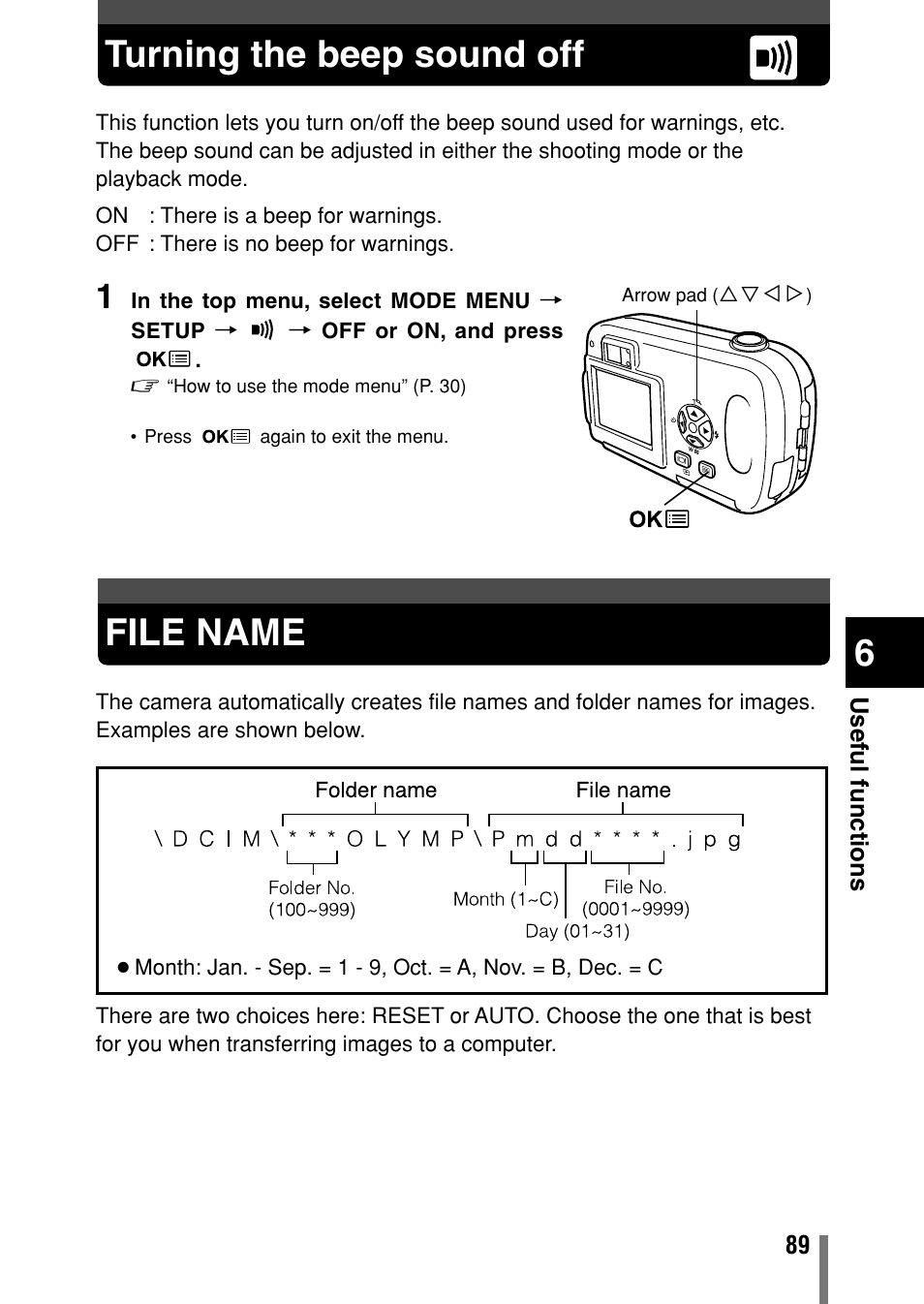 Turning the beep sound off, File name | Olympus C-150 EN User Manual | Page 126 / 216