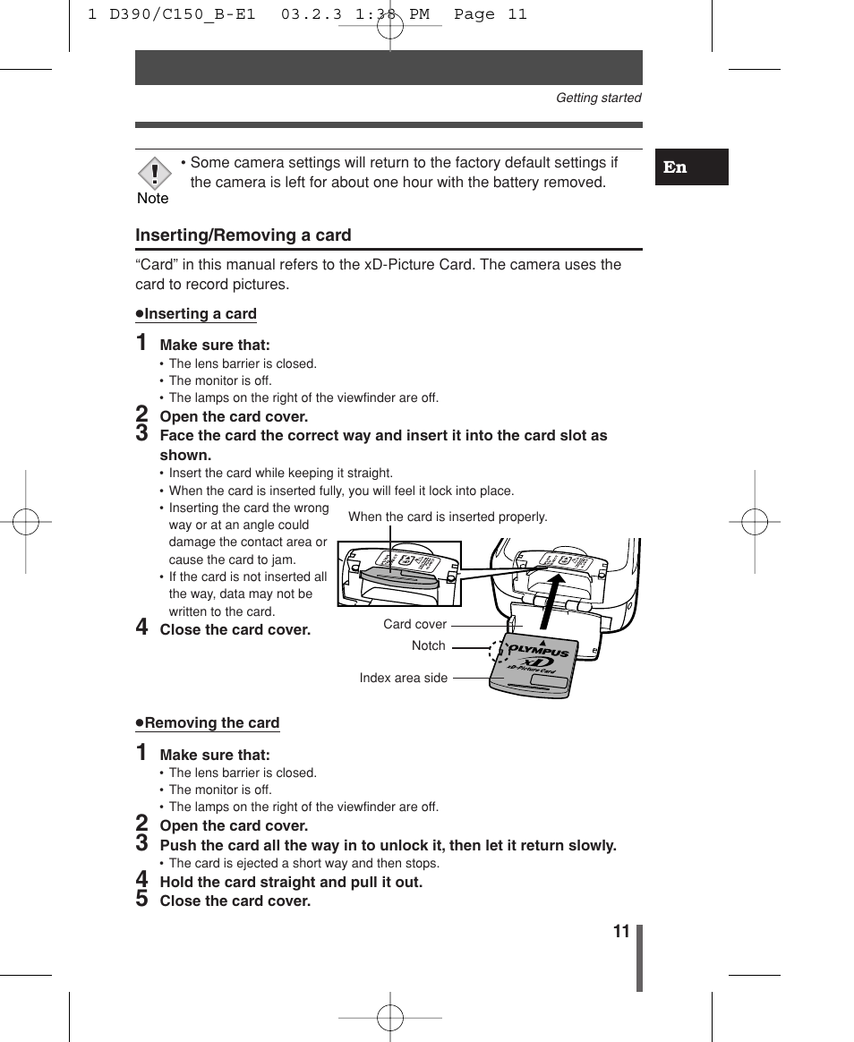 Inserting / removing card | Olympus C-150 EN User Manual | Page 13 / 216