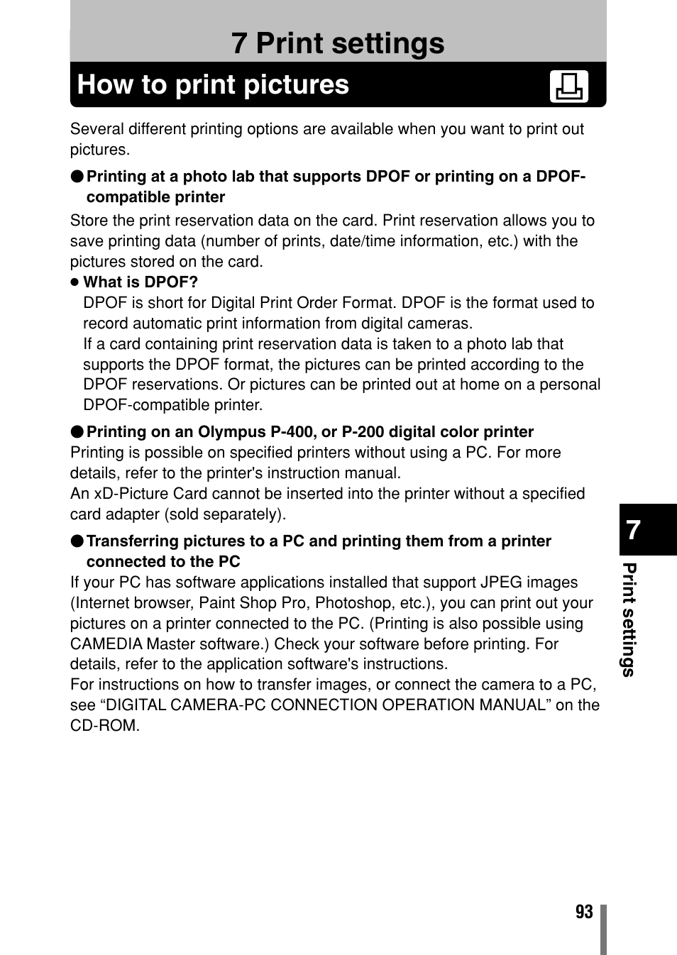 7 print settings, How to print pictures, Print settings | P. 93 | Olympus C-150 EN User Manual | Page 130 / 216