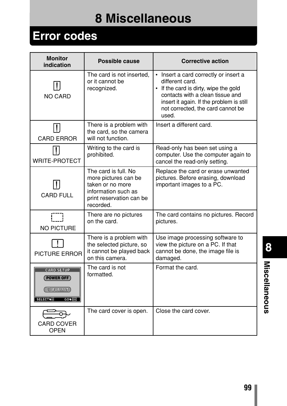 8 miscellaneous, Error codes, Miscellaneous | P. 99 | Olympus C-150 EN User Manual | Page 136 / 216