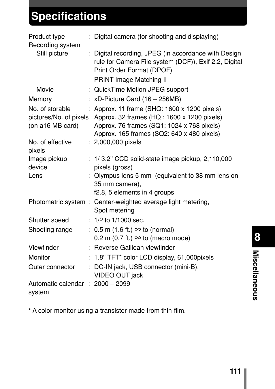 Specifications, Specifications p. 111 | Olympus C-150 EN User Manual | Page 148 / 216