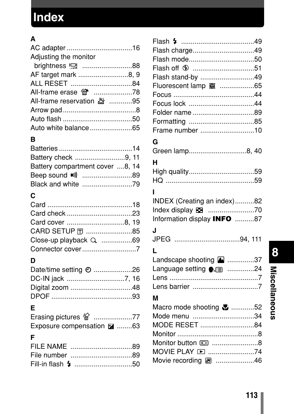 Index, P. 113 | Olympus C-150 EN User Manual | Page 150 / 216