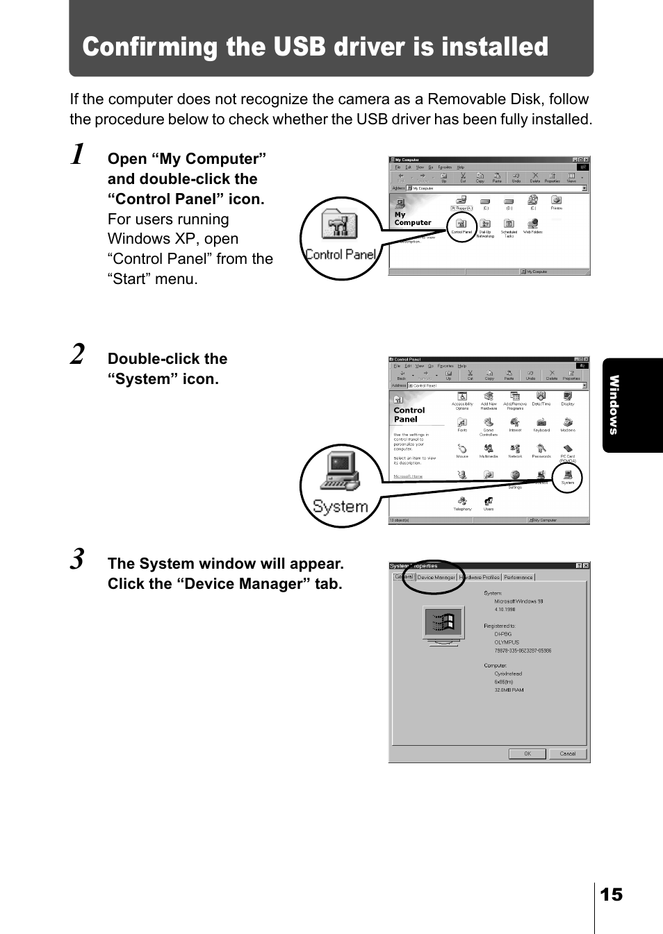 Confirming the usb driver is installed | Olympus C-150 EN User Manual | Page 167 / 216