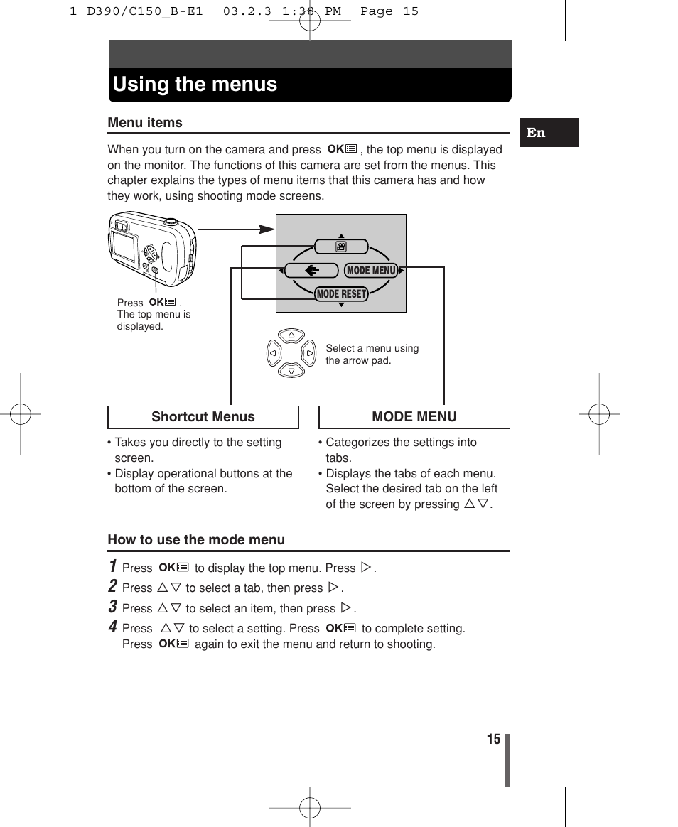 Using the menus, Menu items | Olympus C-150 EN User Manual | Page 17 / 216