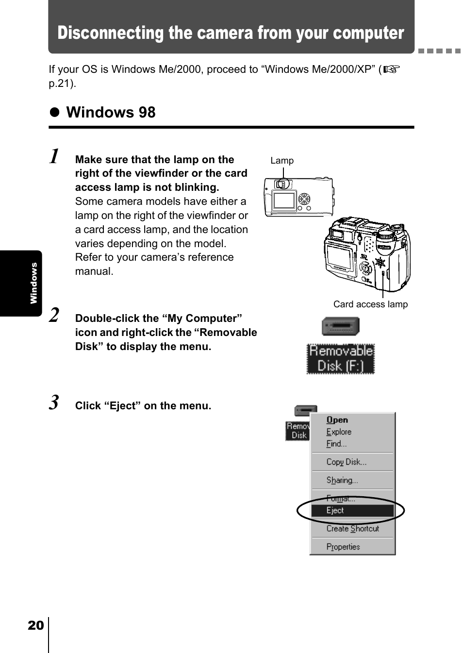 Disconnecting the camera from your computer, Windows 98, Ws p.20 | Olympus C-150 EN User Manual | Page 172 / 216