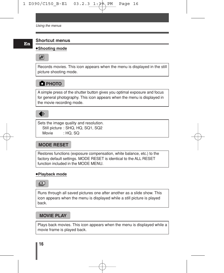 Shortcut menus | Olympus C-150 EN User Manual | Page 18 / 216