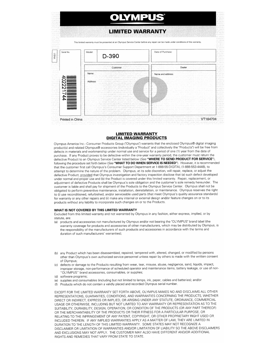 Warranty | Olympus C-150 EN User Manual | Page 186 / 216