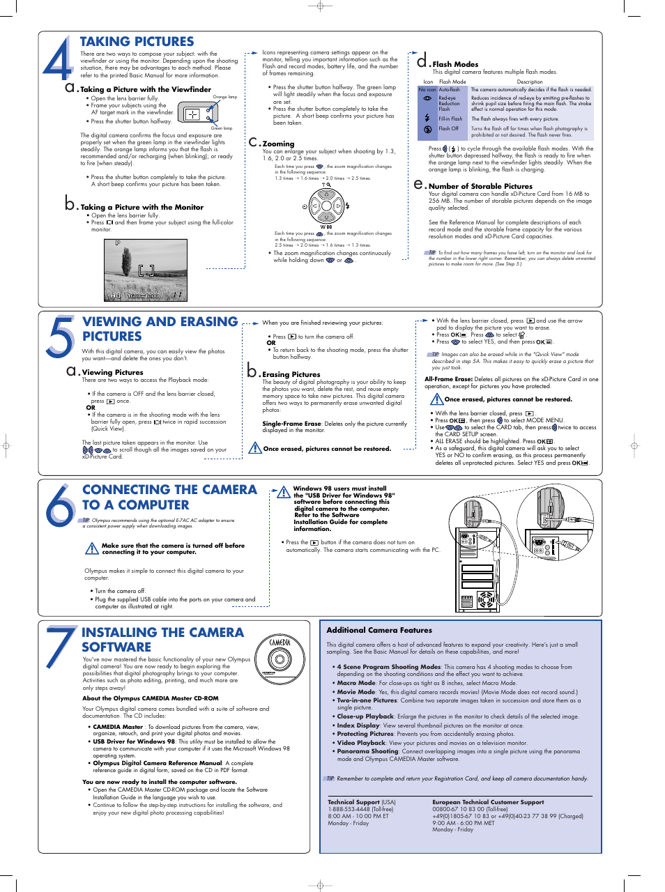 A. b, E. c, Taking pictures | Viewing and erasing pictures, Connecting the camera to a computer, Installing the camera software, Additional camera features, Taking a picture with the viewfinder, Zooming, Taking a picture with the monitor | Olympus C-150 EN User Manual | Page 2 / 216