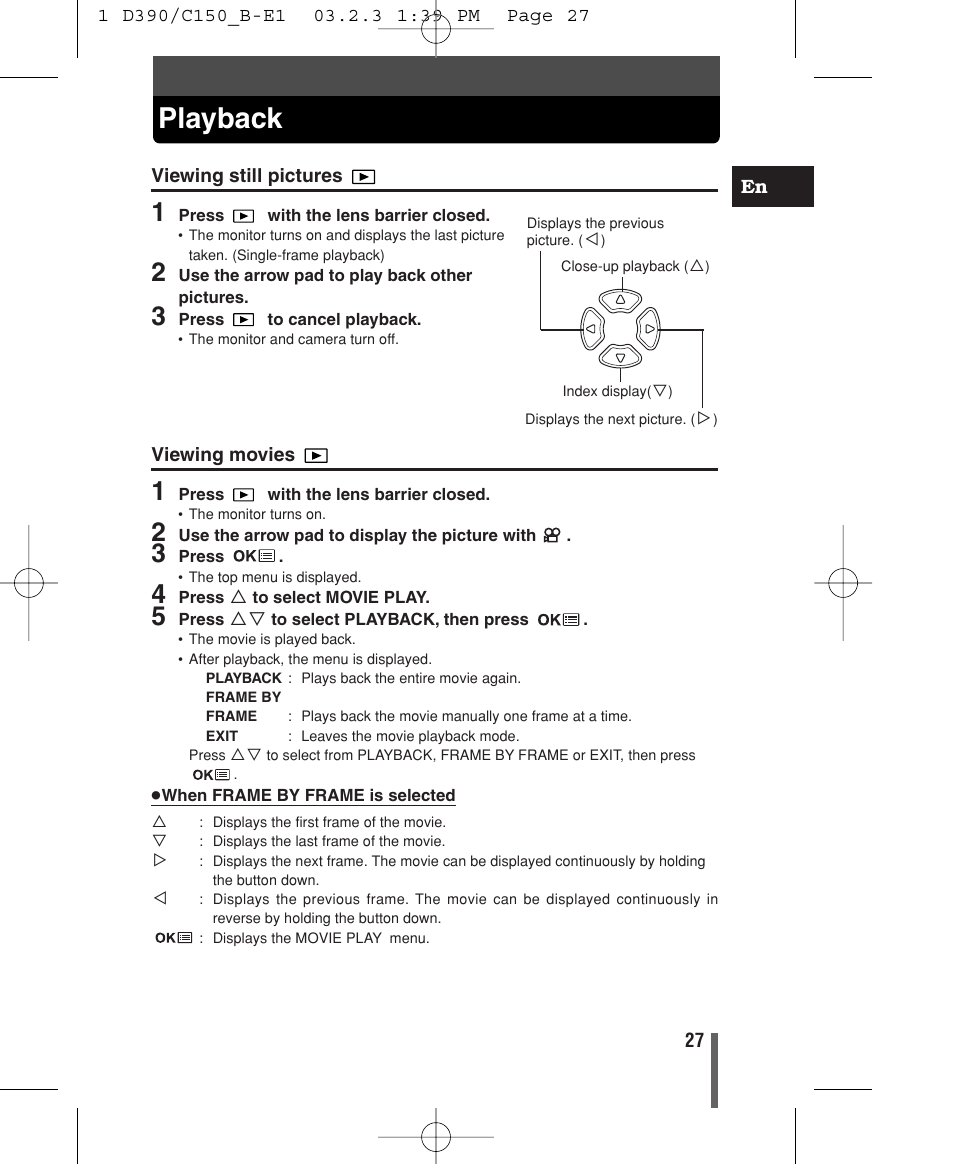 Playback, Viewing still pictures, Viewing movies | Olympus C-150 EN User Manual | Page 29 / 216