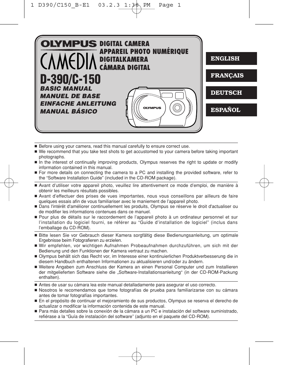 Camera basic manual | Olympus C-150 EN User Manual | Page 3 / 216