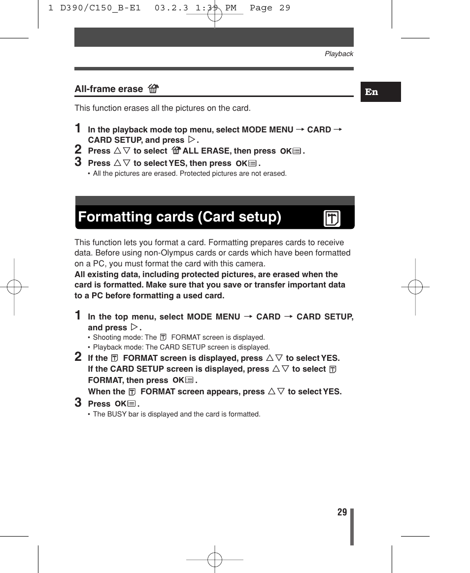 All-frame erase, Formatting cards, Formatting cards (card setup) | Olympus C-150 EN User Manual | Page 31 / 216