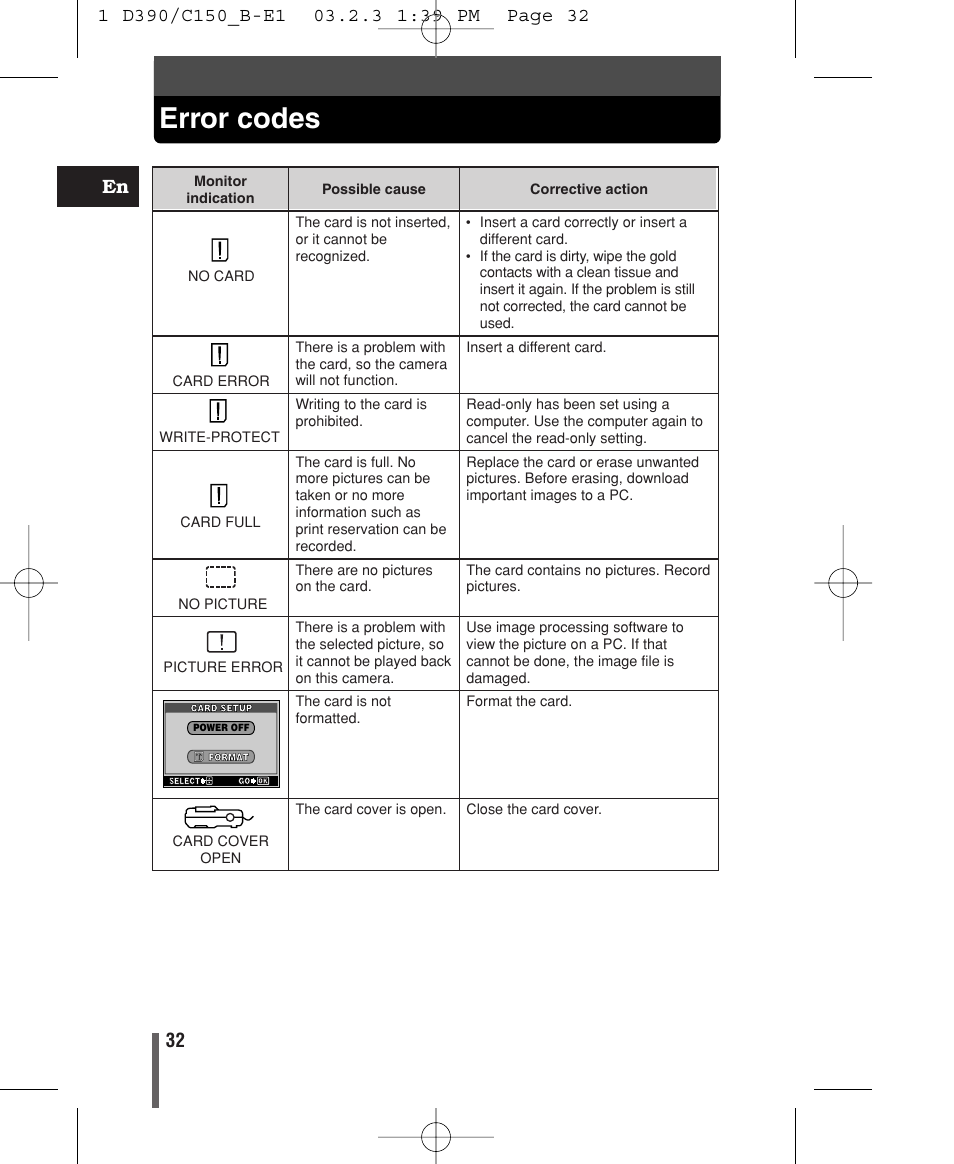 Error codes, 32 en | Olympus C-150 EN User Manual | Page 34 / 216