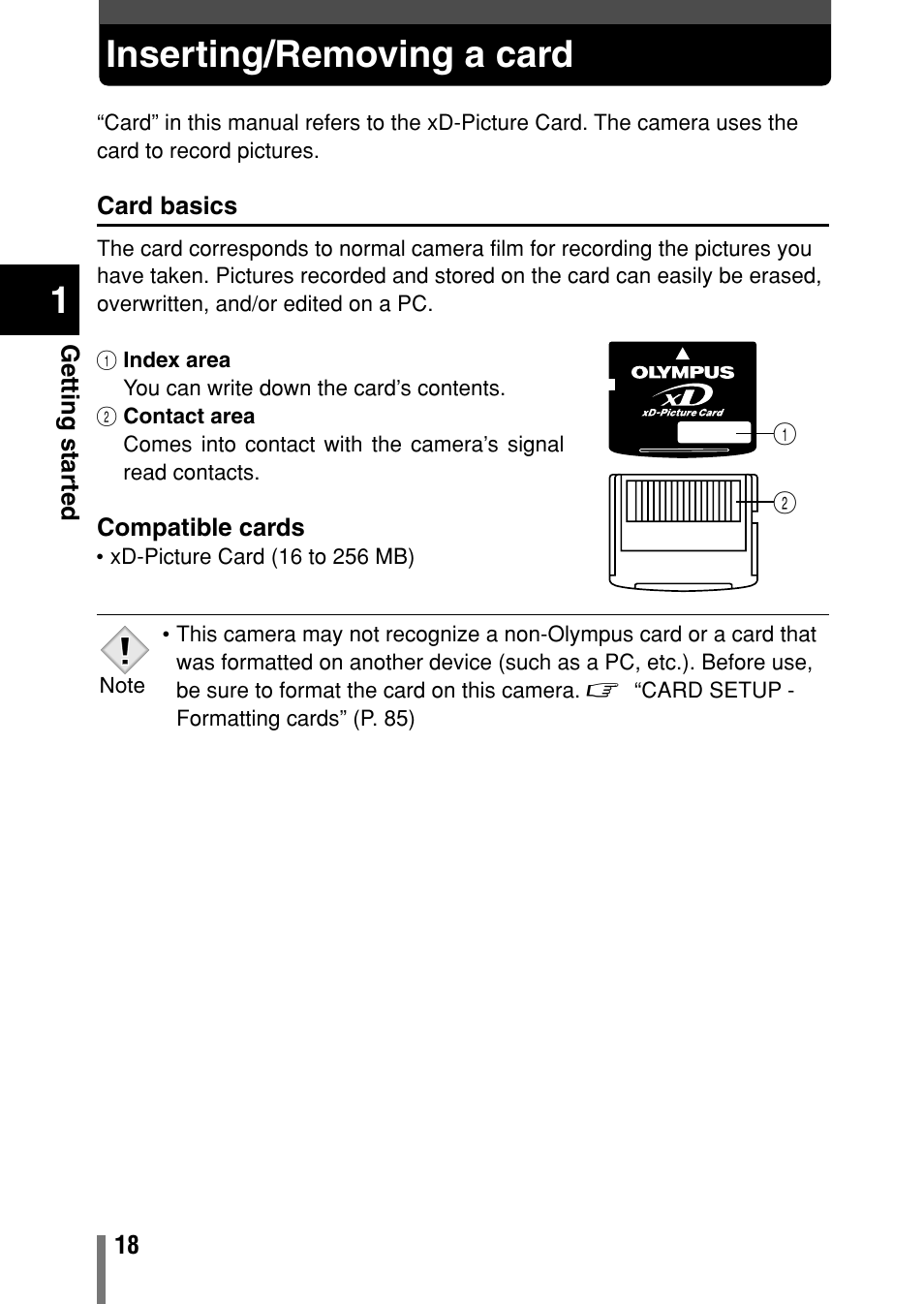 Inserting / removing a card, Inserting/removing a card, Card basics | Olympus C-150 EN User Manual | Page 55 / 216