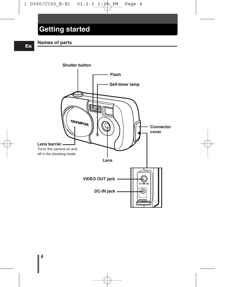 Getting started, Names of parts & controls | Olympus C-150 EN User Manual | Page 6 / 216