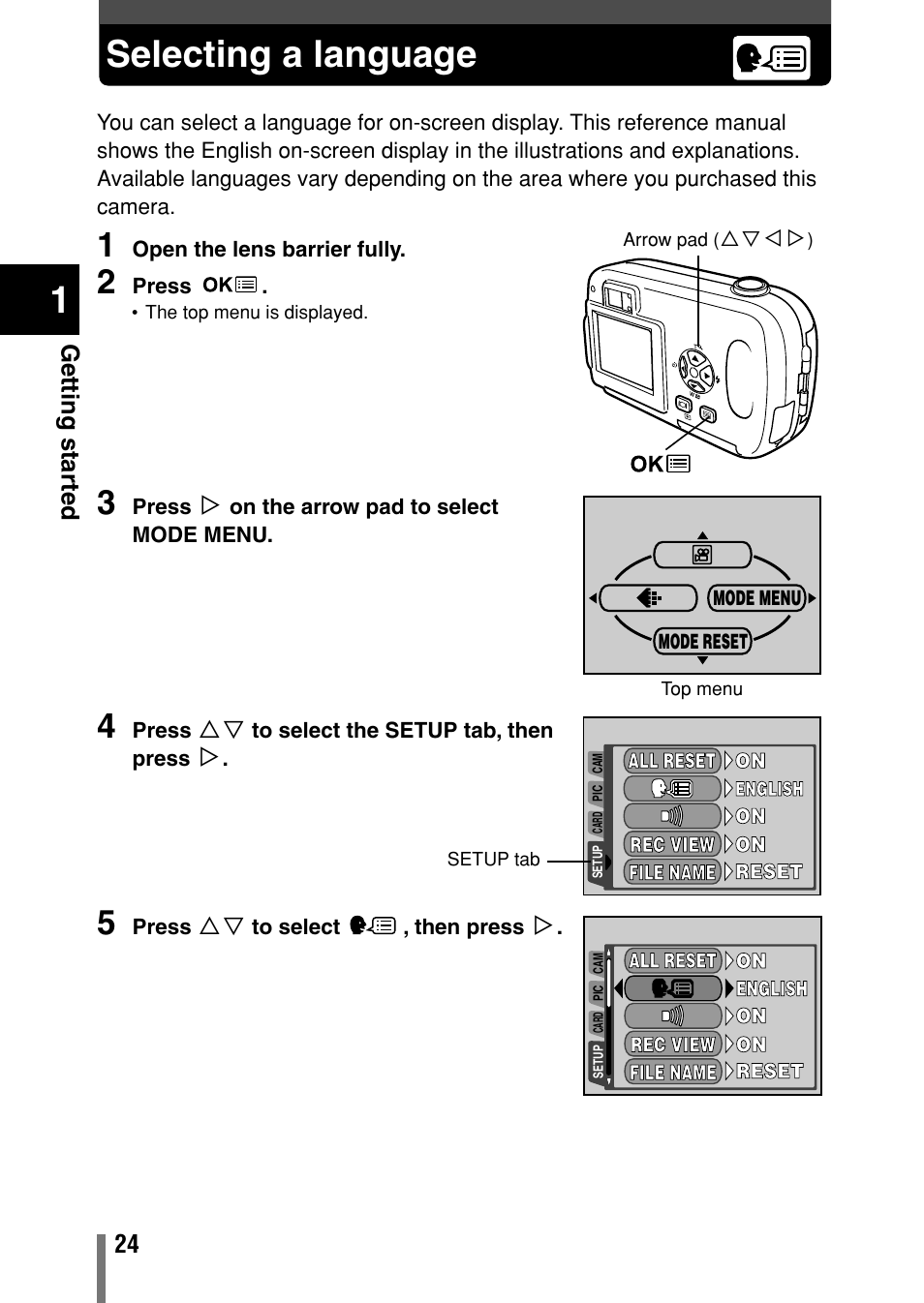 Selecting a language | Olympus C-150 EN User Manual | Page 61 / 216