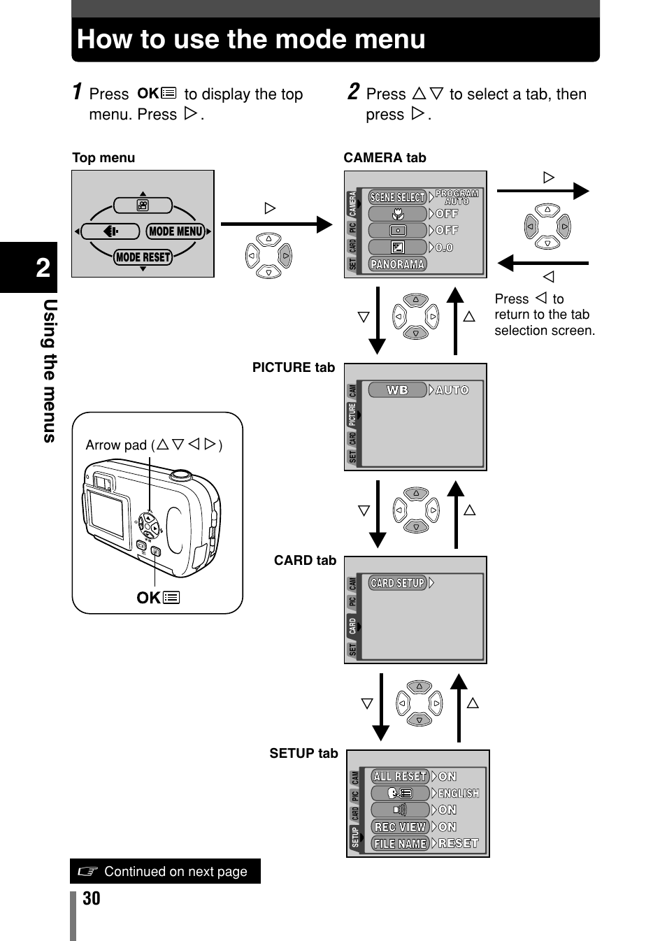 How to use the mode menu, Using the men us | Olympus C-150 EN User Manual | Page 67 / 216