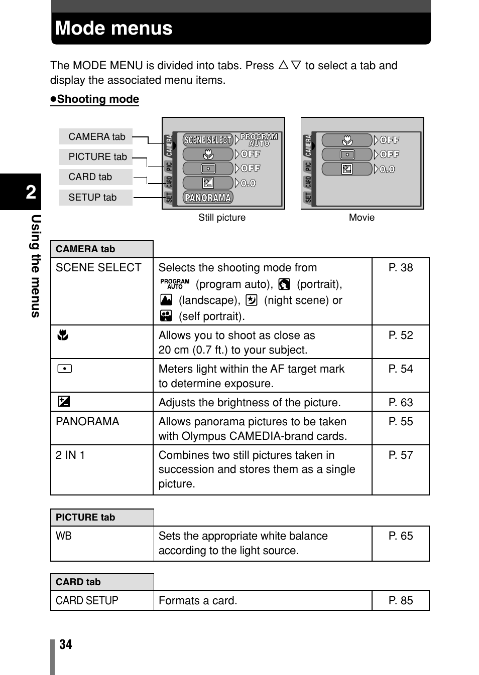 Mode menus, Using the men us | Olympus C-150 EN User Manual | Page 71 / 216