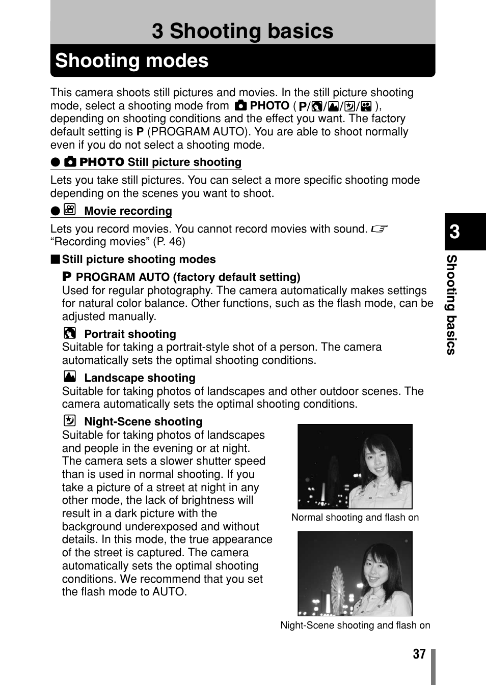 3 shooting basics, Shooting modes, Shooting basics | P. 37 | Olympus C-150 EN User Manual | Page 74 / 216
