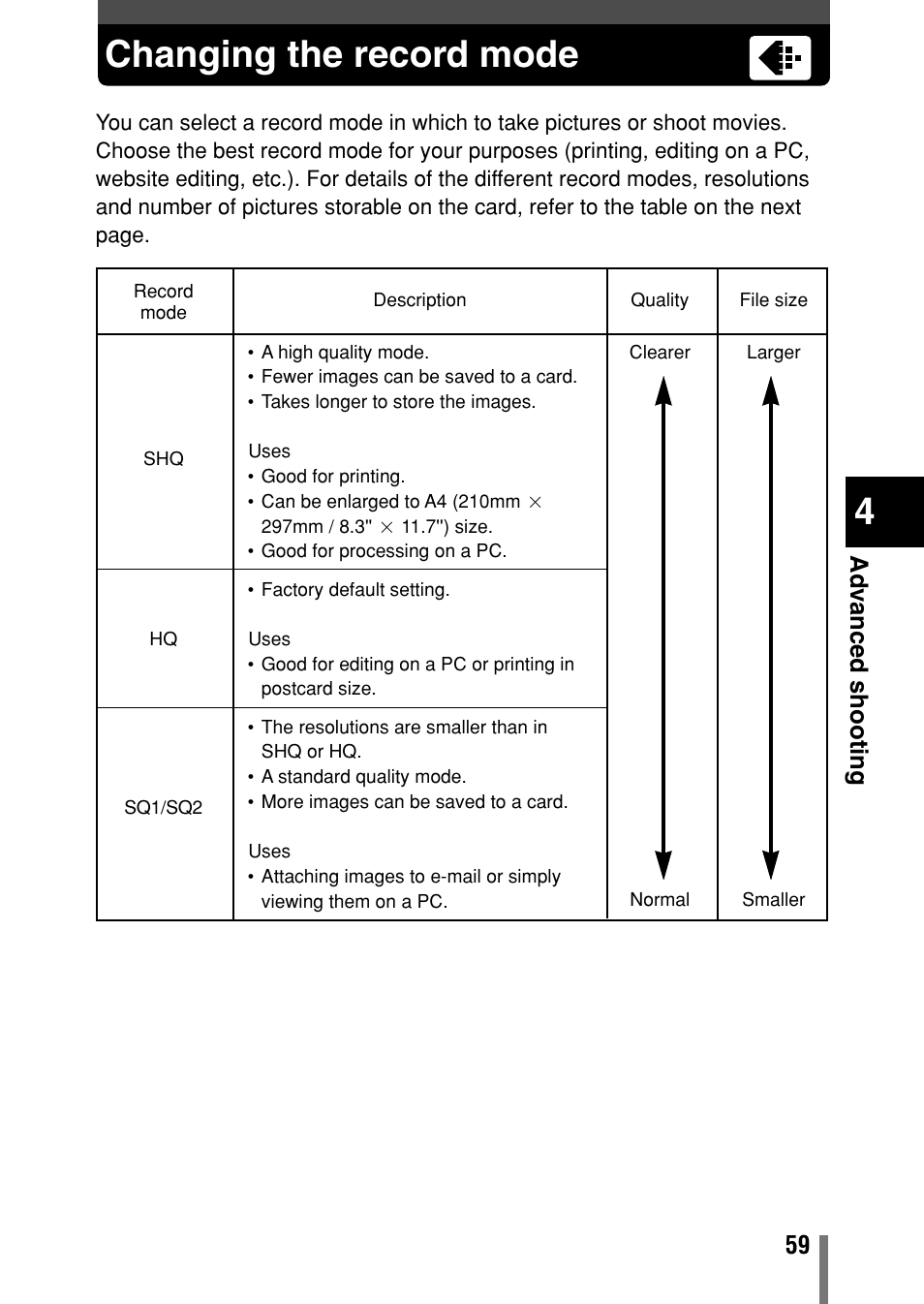 Changing the record mode, Ad v anced shooting | Olympus C-150 EN User Manual | Page 96 / 216