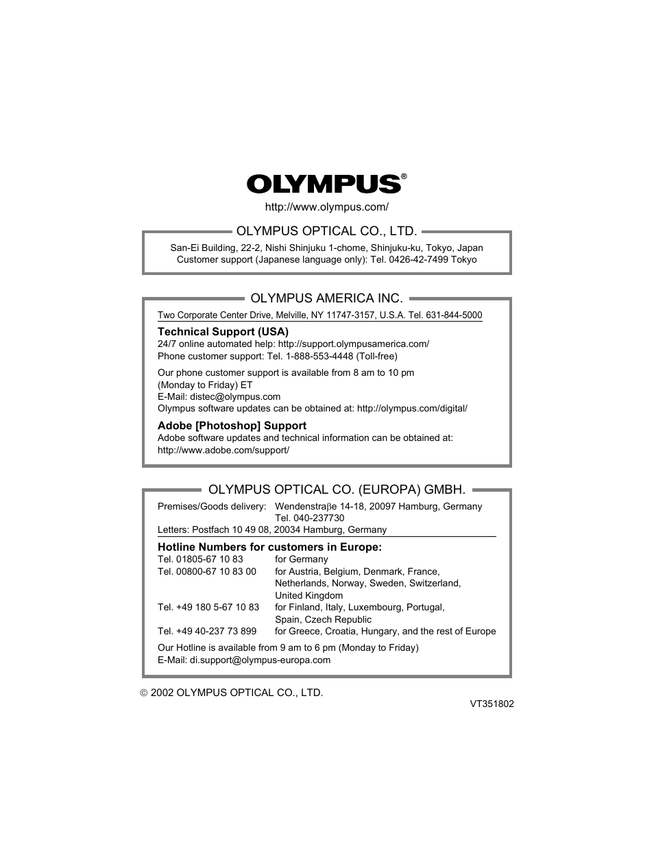 Olympus optical co., ltd, Olympus america inc, Olympus optical co. (europa) gmbh | Olympus CAMEDIA C-2 ZOOM User Manual | Page 108 / 140