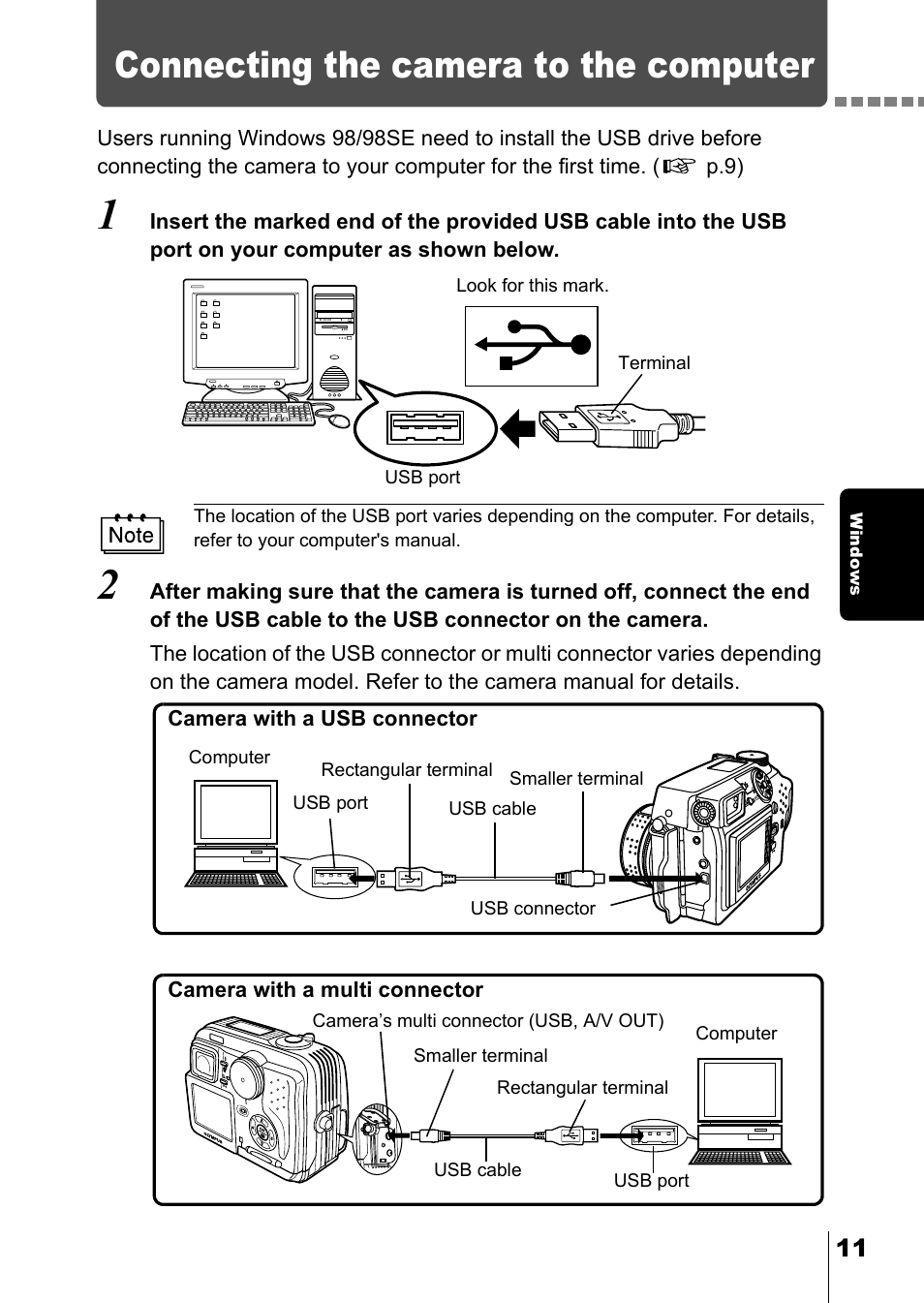 Connecting the camera to the computer, Ndows p.11, P.11 | Olympus CAMEDIA C-2 ZOOM User Manual | Page 119 / 140